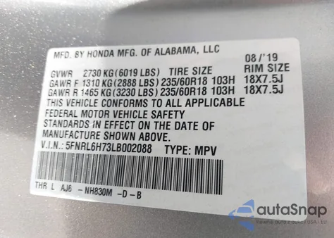 2020 Honda Odyssey Ex-L/Ex-L W/Navi Res from USA, damaged, VIN 5FNRL6H73LB002088